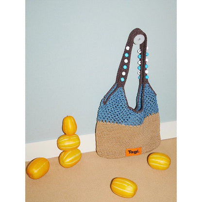 Handmade String Wooden Bead Portable Commuter's All-matching Contrast Color One Shoulder Woven Bag